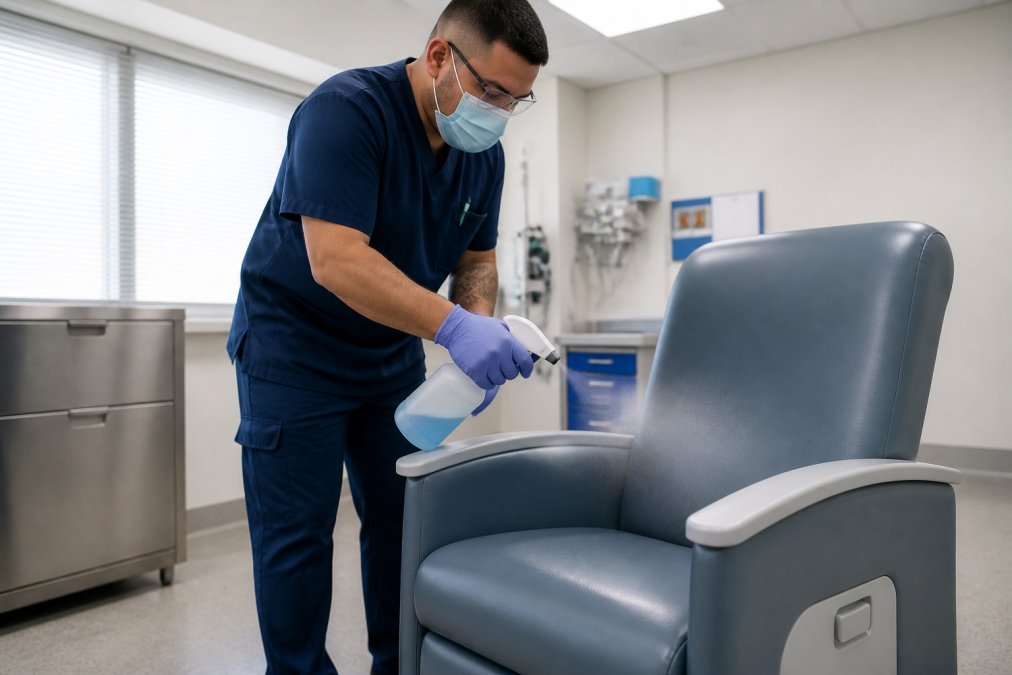 Healthcare environmental services technician in protective gloves and uniform spraying hospital-grade disinfectant solution onto medical-grade vinyl patient chair in bright clinical room with stainless box equipment visible