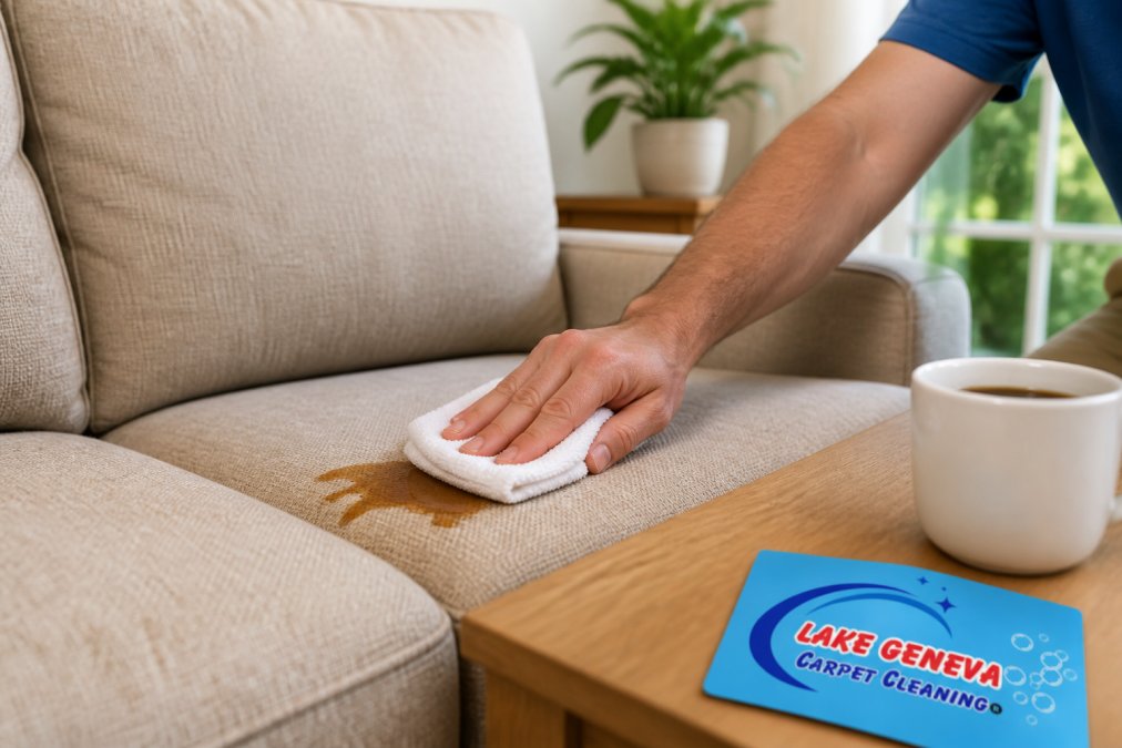 A close-up of a hand pressing a white microfiber cloth onto a fresh coffee spill on a beige fabric sofa, using a firm dabbing motion without rubbing, in bright natural living room light