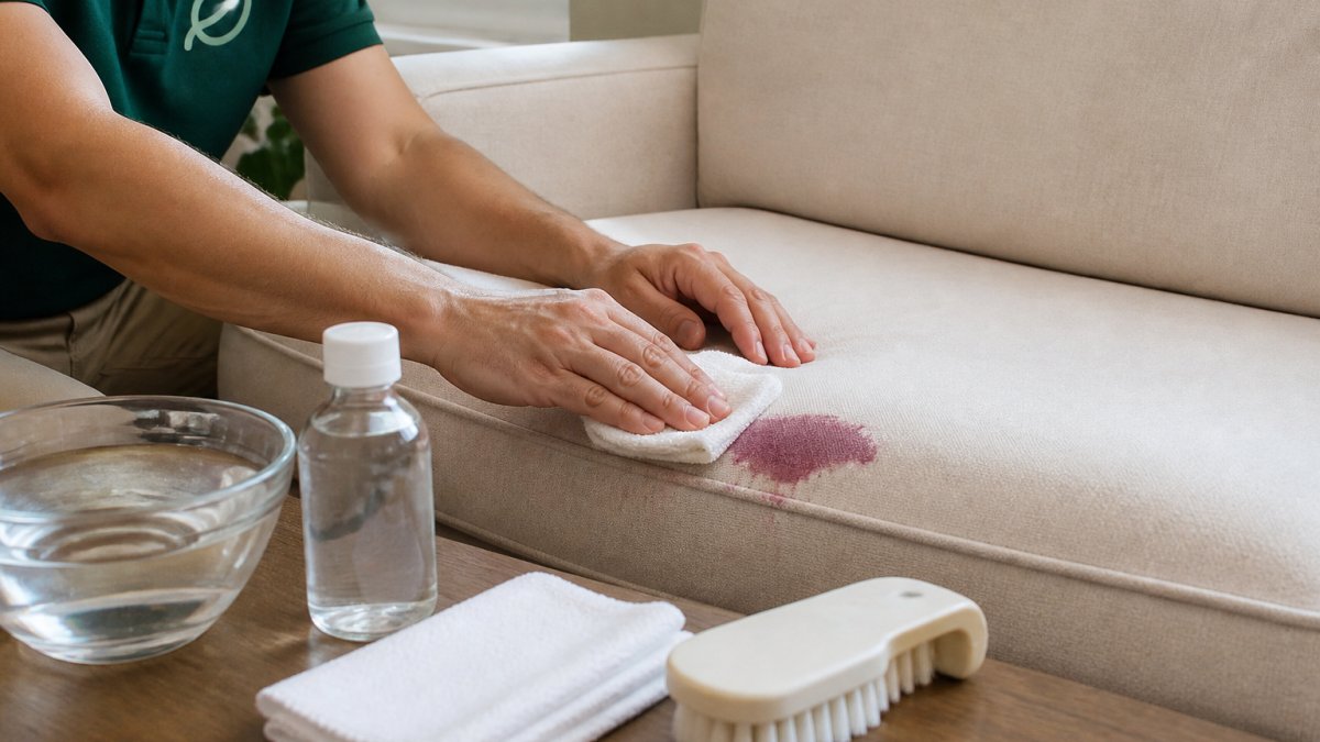 Hands blotting a red wine spill on a cream sofa, demonstrating effective upholstery stain removal techniques.