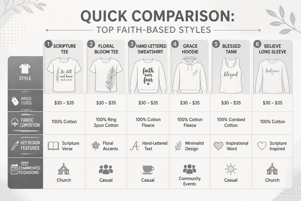 Comparison matrix showing 6 uplifting faith apparel styles with pricing ($30-$35), fabric composition (100% cotton varieties), key design features (scripture verses, floral accents, hand-lettered text), and recommended occasions (church, casual, community events)