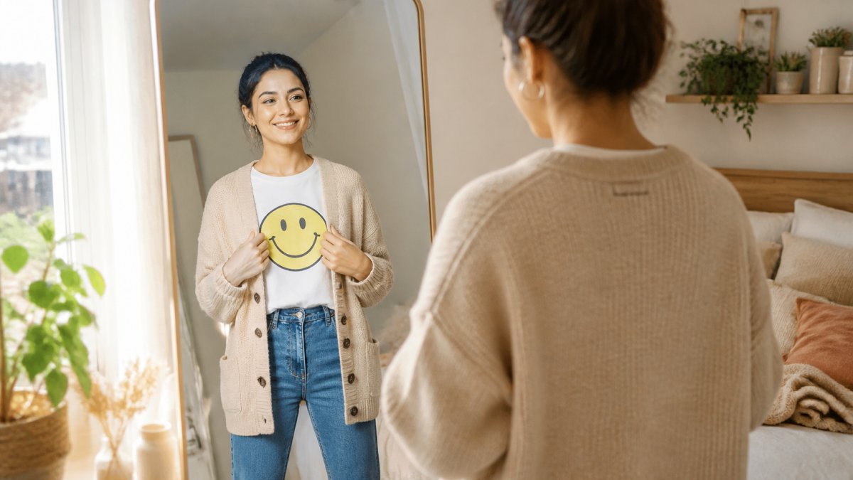 A young adult standing in front of a mirror in a bright bedroom, smiling while adjusting a layered outfit with a graphic tee and open cardigan, natural morning light coming through the window