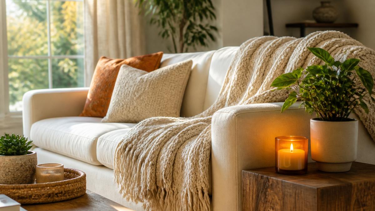 Bright, welcoming living room with a soft plush throw blanket draped over a cream-colored sofa, decorative pillows in warm earth tones, a potted green plant on a wooden side table, and a glowing amber candle creating warm ambient light through natural afternoon window light