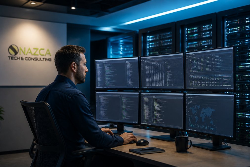 IT professional monitoring network infrastructure on multiple screens displaying real-time system alerts and dashboard displays in a modern control center with blue accent lighting