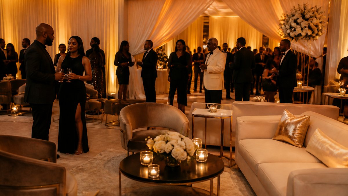 Guests in cocktail attire mingling in an M Lounge space featuring warm gold lighting and upscale event venues decor.