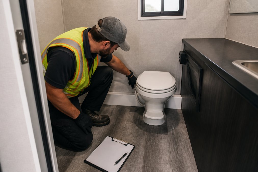 A service technician in a safety vest and gloves inspecting the interior of a clean, well-lit restroom trailer, checking a fresh water line and flushing toilet, with a maintenance clipboard nearby