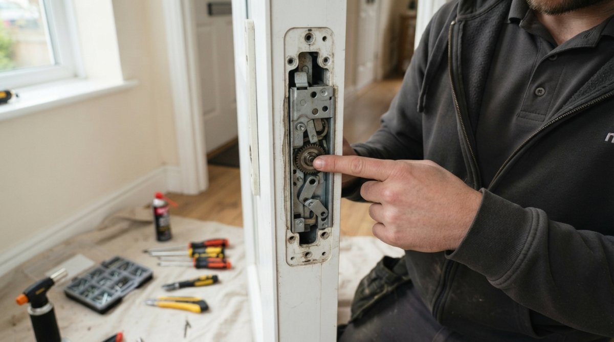 Close-up of a tradesperson's hand pointing at the exposed internal components of a uPVC door multipoint locking mechanism, with the handle removed and the gearbox visible in the cavity