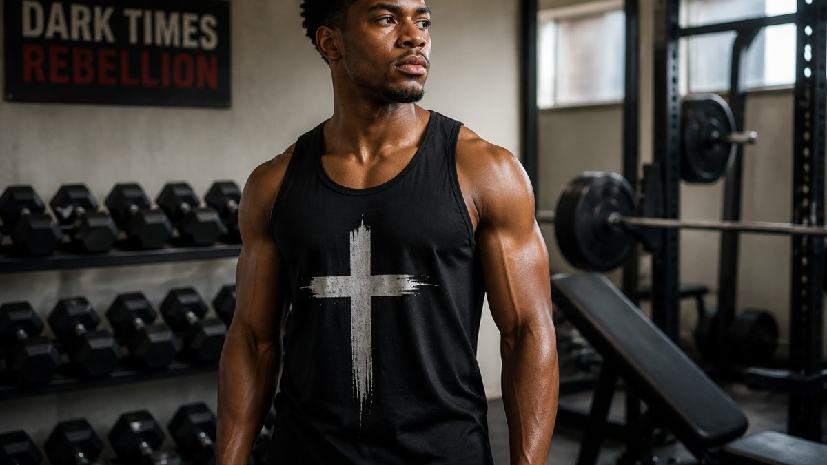 A young athlete wearing a black Christian tank top with a cross design, standing in a gym with weights in the background, looking focused and determined