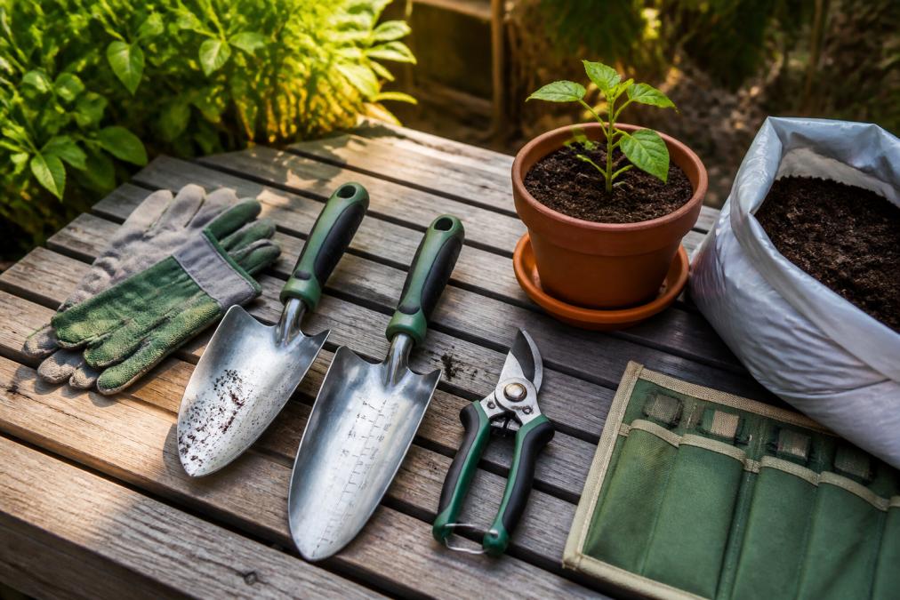 Organized array of gardening hand tools including spade, trowel, pruners, and work gloves arranged on a wooden surface with a potted seedling and bags of soil nearby in natural outdoor lighting