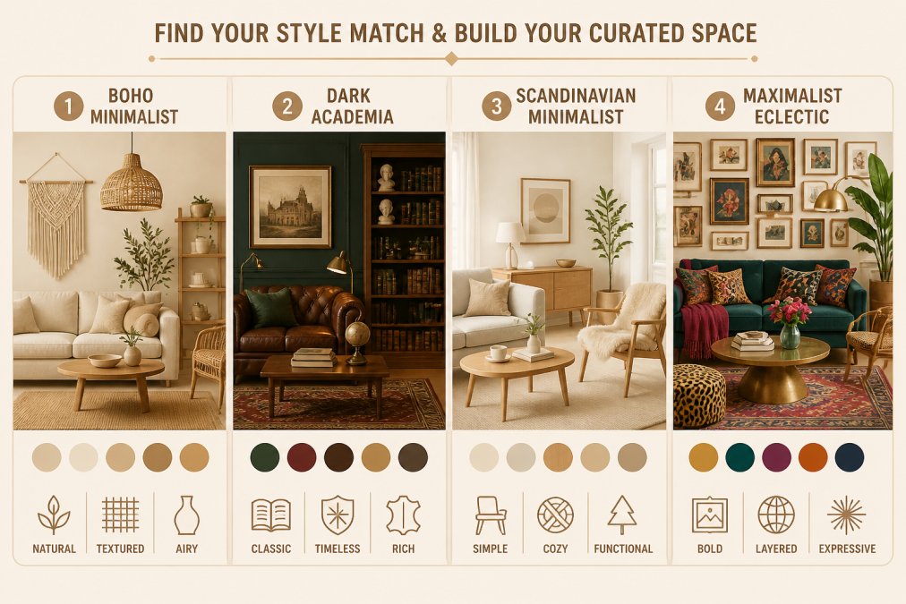 Four distinct home interiors side-by-side showing (1) boho-minimalist with neutral linen and wood, (2) dark academia with jewel tones and leather, (3) Scandinavian minimalist with warm wood and soft textures, and (4) maximalist eclectic with layered patterns and bold colors
