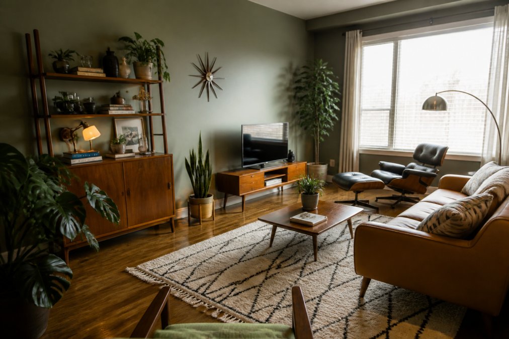 A styled apartment living room showcasing mid-century modern furniture with warm lighting, plants, and curated decor accents on shelves and walls