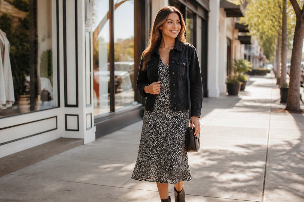 A woman wearing a black denim jacket over a midi dress for a modern style look on a sunlit city sidewalk.