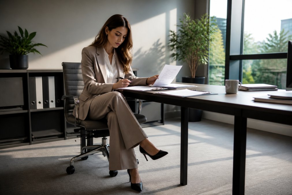 Young professional woman in a tailored blazer and wide-leg pants sitting at a modern desk, reviewing documents with natural window lighting illuminating her workspace
