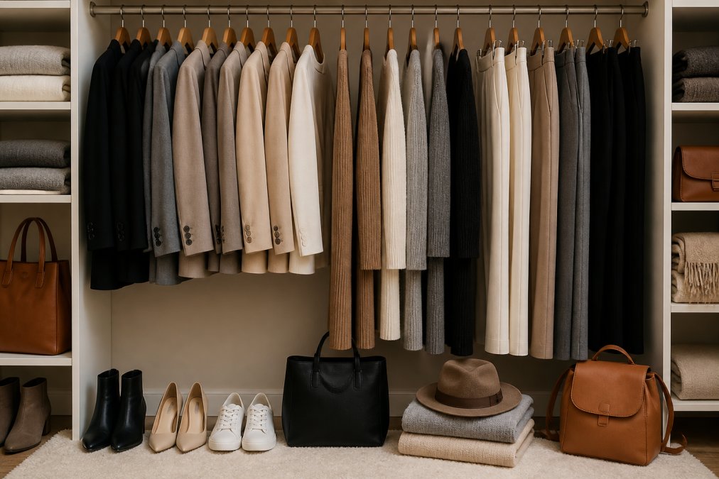 Organized closet displaying coordinated blazers in neutral tones, sweater dresses, wide-leg trousers, and matching leather accessories arranged by color and style category