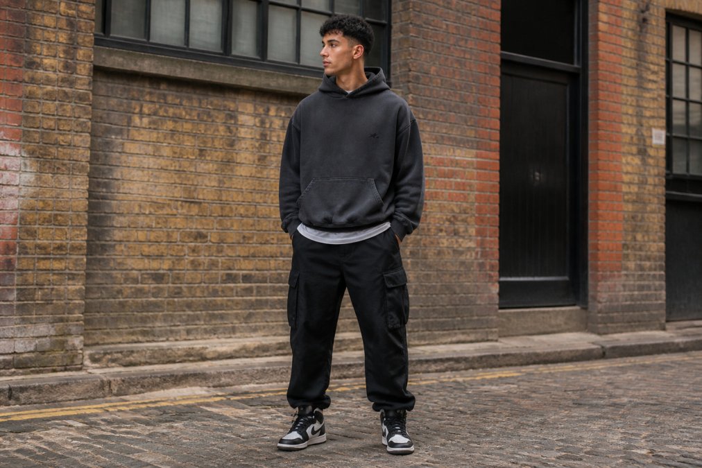 Young man wearing an oversized hoodie layered over a graphic tee with cargo pants and high-top sneakers, standing in an urban street setting with exposed brick walls and natural daylight