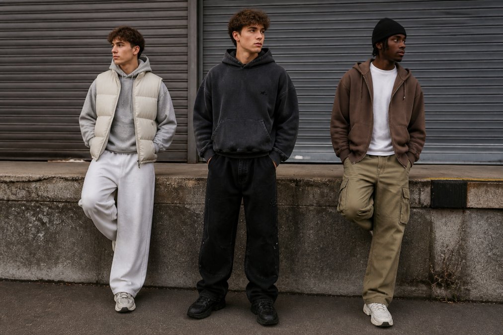 Three different complete streetwear outfits displayed on models showing variety in proportions, colors, and layering techniques in an urban environment with natural daylight and textured backgrounds