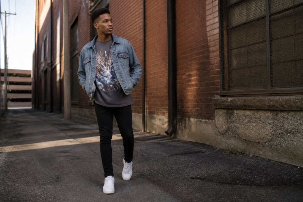 Person wearing an oversized graphic streetwear tee layered under an open denim jacket, paired with fitted black jeans and white leather sneakers, standing in an urban alley with brick walls and natural afternoon lighting