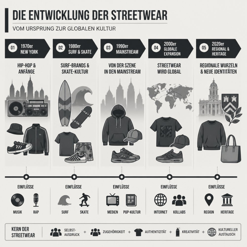 Infografik zur Entwicklung von urbane Streetwear: Von 1970er Hip-Hop-Wurzeln bis zu heutigen Designs.
