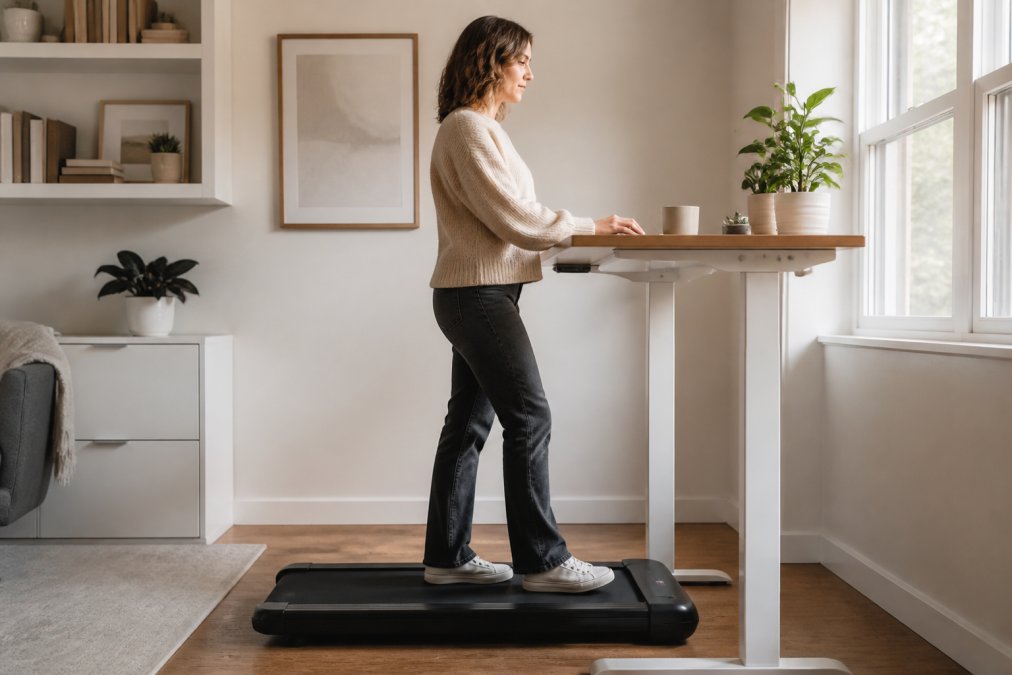 Remote worker typing on keyboard while walking slowly on an under-desk treadmill positioned at proper ergonomic height, with modern standing desk setup visible in bright home office with natural window lighting