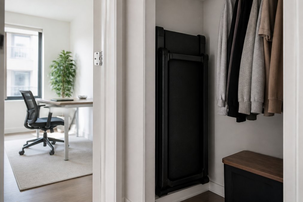 Compact folded walking treadmill stored vertically in a narrow apartment closet space next to hanging clothes, with desk workspace visible through open door showing tight quarters