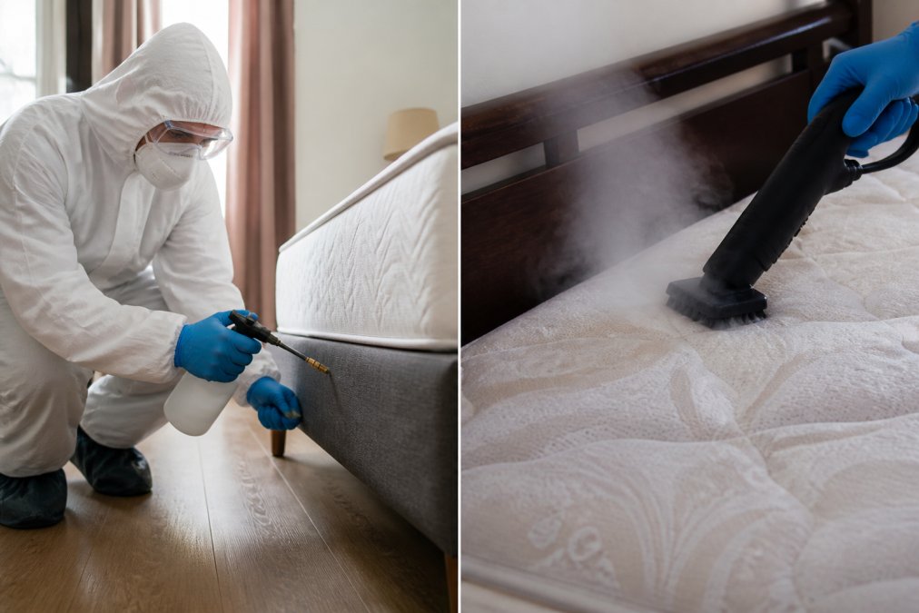 Professional pest control technician in white protective suit and gloves carefully applying liquid insecticide spray to mattress seams and bed frame in bright bedroom with natural daylight