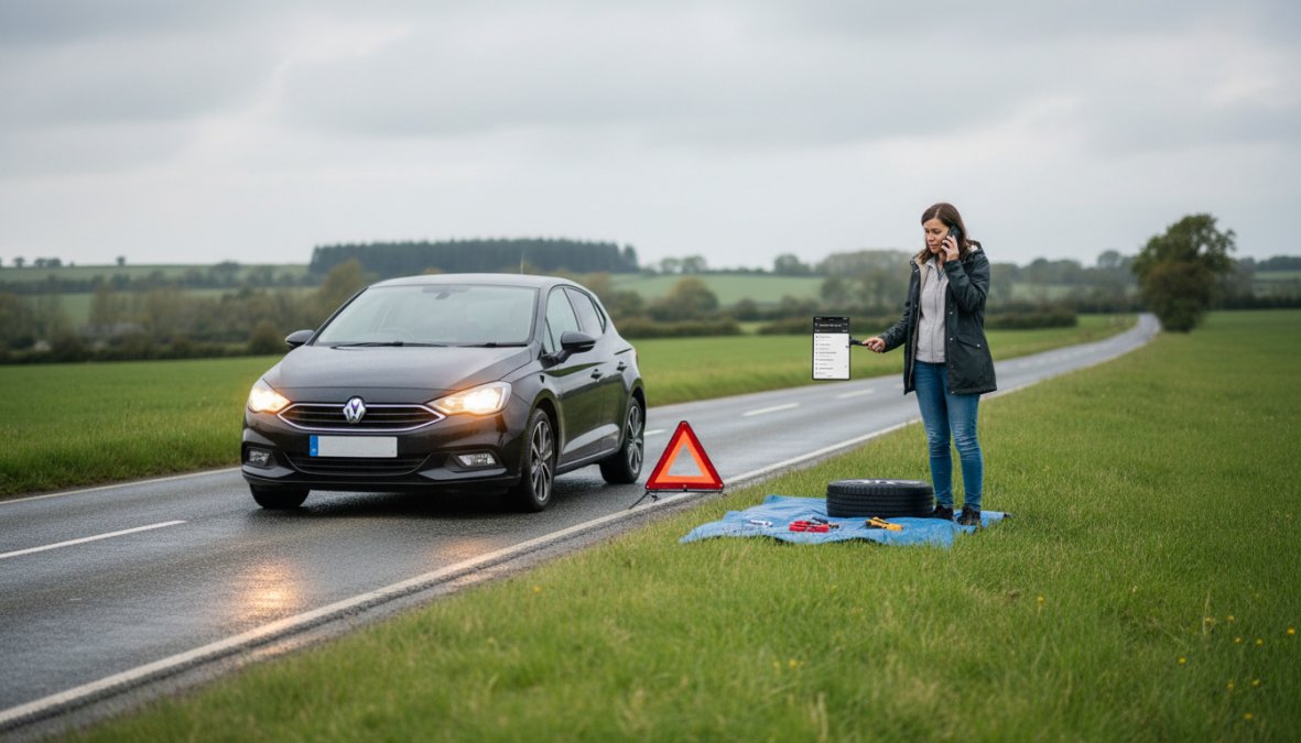 A driver in a high-visibility vest standing on the grass verge beside a broken-down car on a UK dual carriageway, hazard lights flashing, holding a mobile phone to their ear in overcast daylight