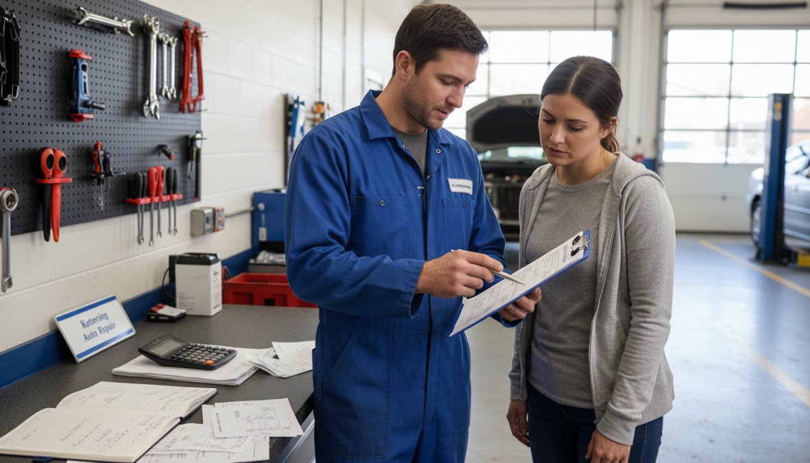 A mechanic in a clean workshop showing a customer a printed repair estimate on a clipboard under bright fluorescent lighting, both looking at the document together
