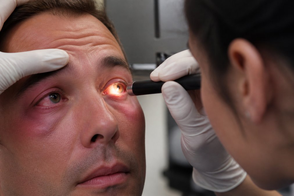 Close-up of a patient's eye showing visible redness, swelling, and significant discomfort while a healthcare provider carefully examines it with a penlight in a clinical setting