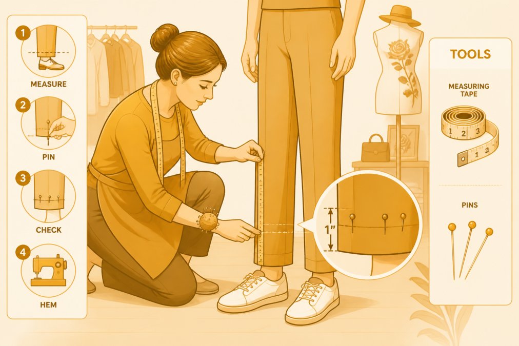Professional seamstress measuring and pinning the hem of dress pants on a customer during a fitting appointment, showing proper measurement technique with a measuring tape and pins, in a well-lit tailoring studio