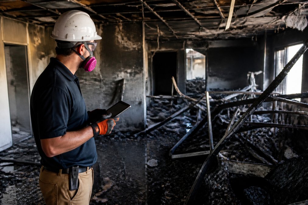 A professional restoration technician in full safety gear and hard hat assessing fire damage inside a commercial building, with charred debris visible in the background