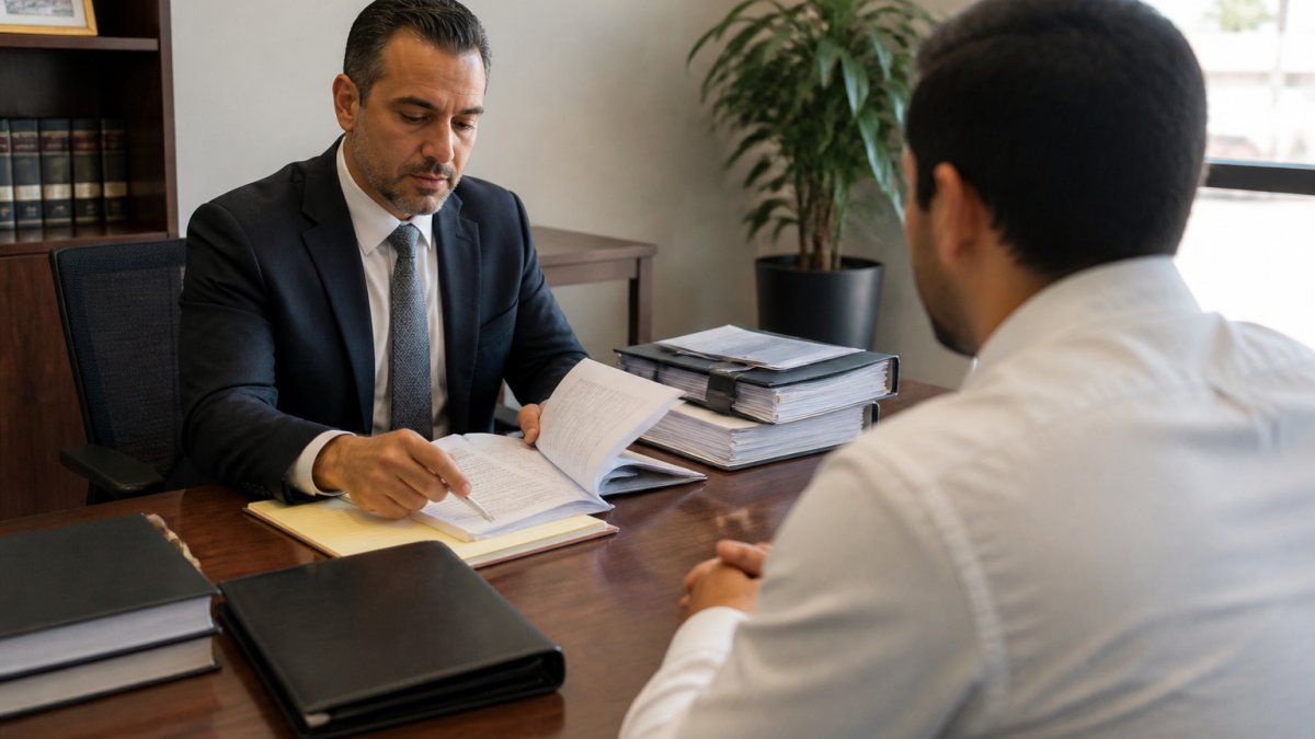 Criminal defense attorney reviewing case files with a client in a modern office