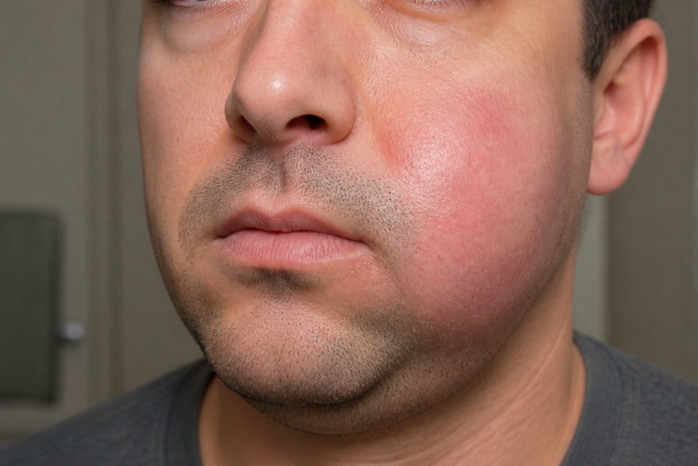 Close-up of a person's face showing visible facial swelling and inflammation around the jaw and cheek area, with redness and puffiness characteristic of a dental abscess
