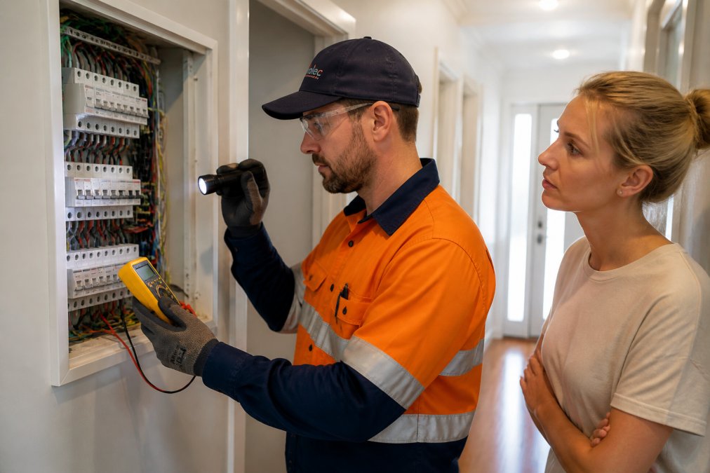 Licensed electrician inspecting a residential switchboard during an urgent electrical repair in Sydney
