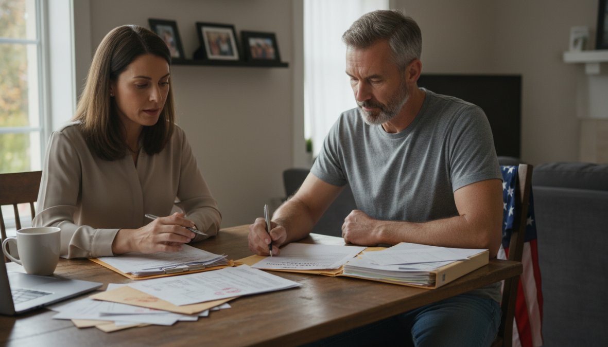 A veteran in casual clothing sitting at a kitchen table reviewing paperwork and financial documents with a focused but calm expression, natural home lighting