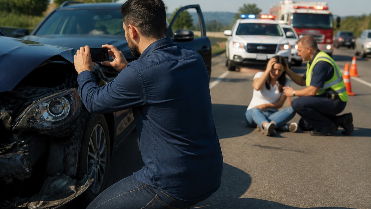 Driver taking photos of vehicle damage for urgent legal help after accident while emergency crews arrive