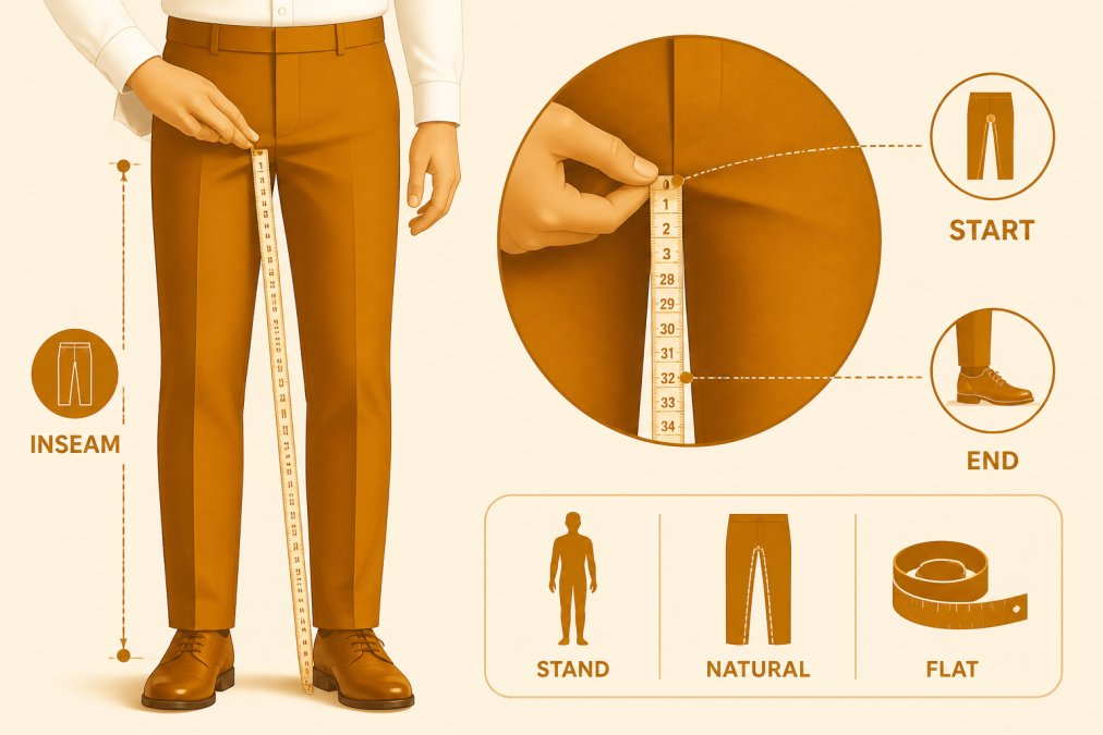 Close-up of someone measuring an inseam with a soft measuring tape on dress pants, showing proper measurement technique from inner thigh to ankle while standing in natural posture