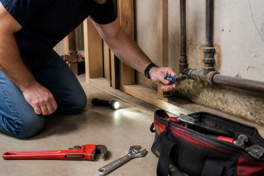 Homeowner using a flashlight to turn the main water shut-off valve to address urgent plumbing issues.