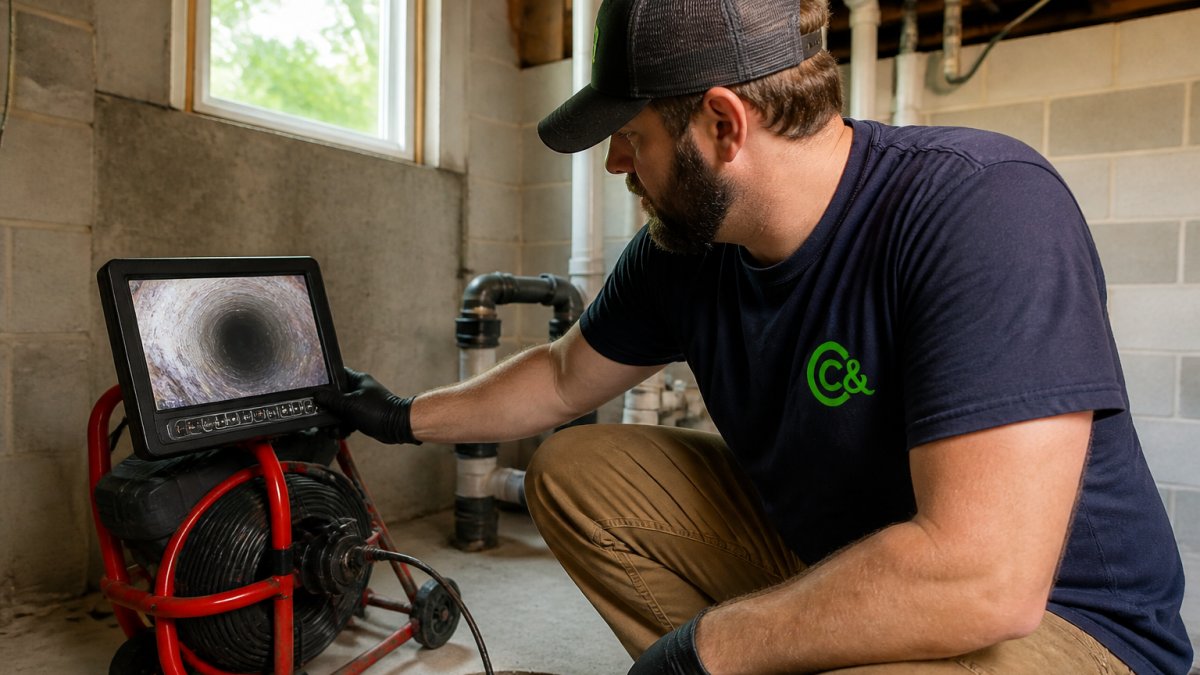 Professional technician in work gear holding a sewer camera monitor displaying live pipe inspection footage in a residential basement, natural light from window, focused expression reviewing the screen