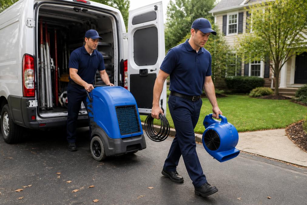 IICRC-certified technicians unloading water damage mitigation equipment from a branded van at a home