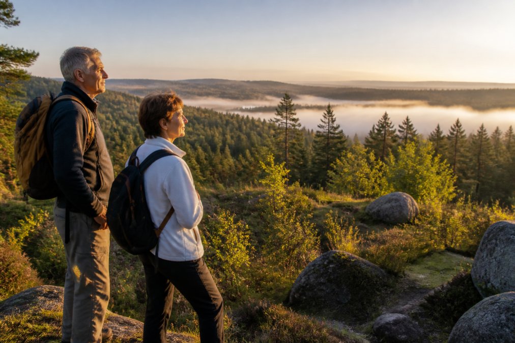 Weite, leicht hügelige Granitlandschaft im Waldviertel im Morgenlicht, einzelne Findlinge zwischen Wiesen und Nadelwald, Nebelschwaden über einem stillen Moor im Hintergrund, keine Menschen zu sehen