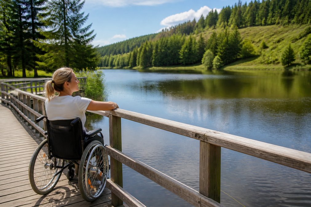 Osoba na invalidním vozíku si na bezbariérovém dřevěném můstku vychutnává výhled na klidné jezero v regionu Waldviertel, obklopené mírnými kopci a jehličnatými stromy, za slunečného počasí