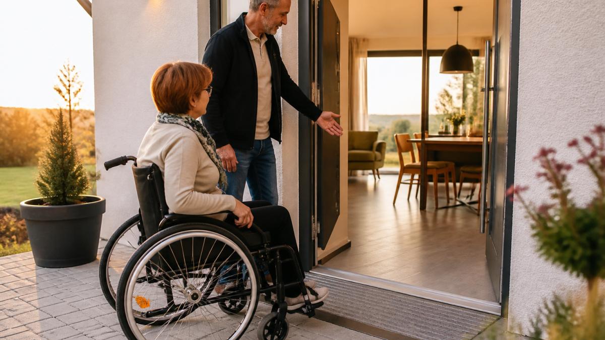 A person in a wheelchair, accompanied by a caregiver, inspects the entryway of a bright, modern vacation rental with step-free access and a wide doorway