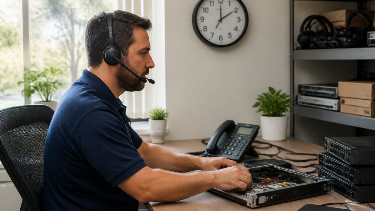 A focused IT professional at a desk with dual monitors, headset on, actively troubleshooting while a clock on the wall shows mid-afternoon, suggesting a live support call in progress