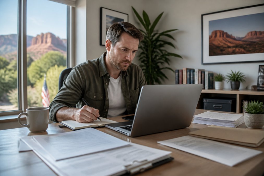 Unternehmer sitzt an einem Laptop in einem modernen Homeoffice, mit ausgedruckten Dokumenten und Notizen auf dem Schreibtisch, arbeitet an der Online-Gründung einer US-LLC
