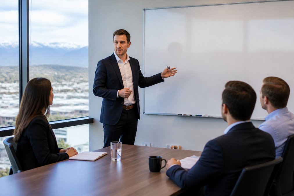 Geschäftsperson präsentiert ein Organisationsdiagramm mit mehreren Geschäftsbereichen und Haftungstrennungen in einem professionellen Konferenzraum mit großem Whiteboard