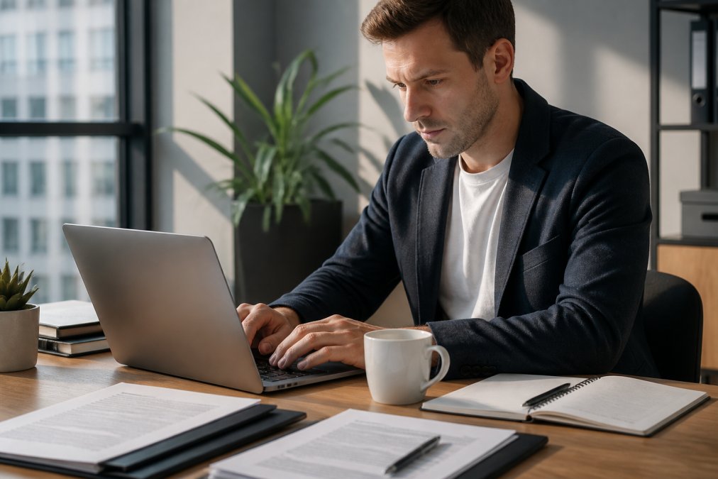 Unternehmer arbeitet konzentriert an einem Laptop mit digitalen Gründungsdokumenten, Notizen und Kaffee auf einem modernen Schreibtisch in hellem Tageslicht