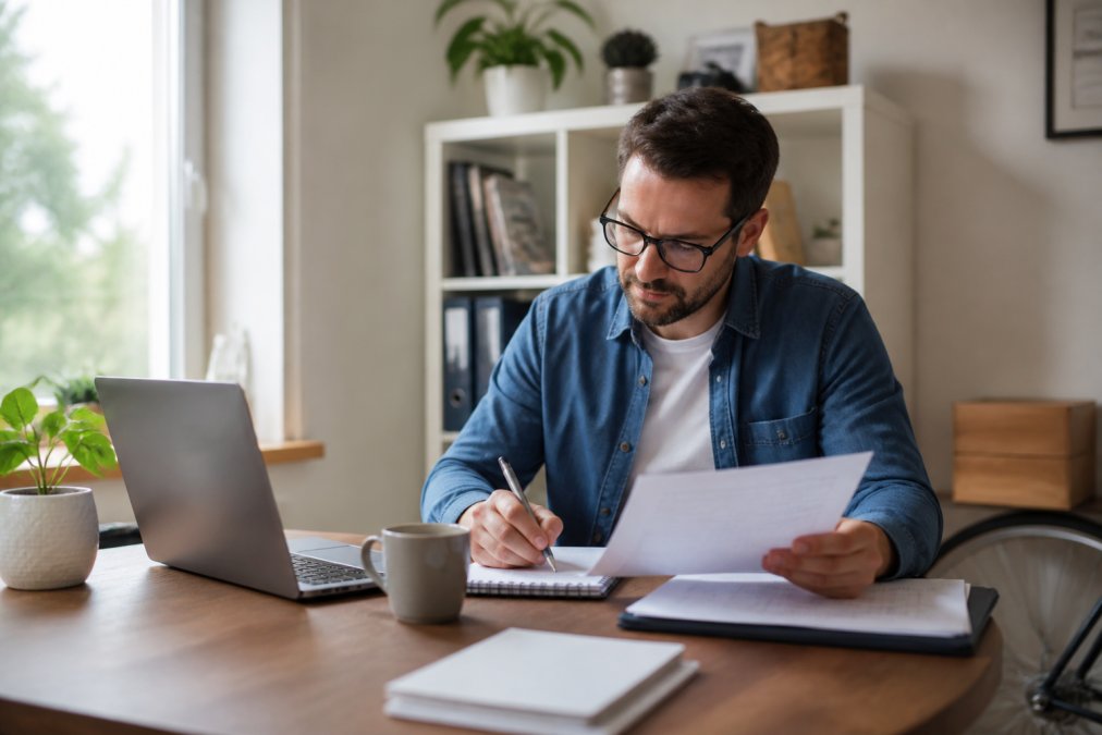Unternehmer sitzt konzentriert am Laptop mit Notizbuch und Kaffeetasse, arbeitet an Gründungsdokumenten im hellen Home-Office mit natürlichem Fensterlicht