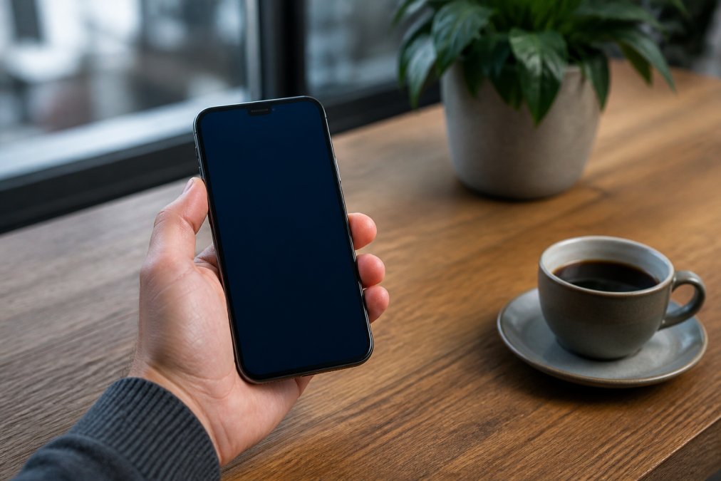 Nahaufnahme einer Hand, die ein modernes Smartphone mit sichtbarem Fintech-Banking-Interface hält, auf dem Transaktionen und Kontostand zu sehen sind