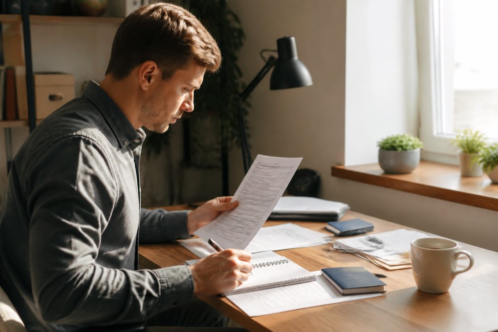Person sitzt an einem Schreibtisch zu Hause, Laptop geöffnet, prüft offizielle Dokumente und macht Notizen in einem Notizbuch, eine Tasse Kaffee daneben, warmes Tageslicht durch ein Fenster