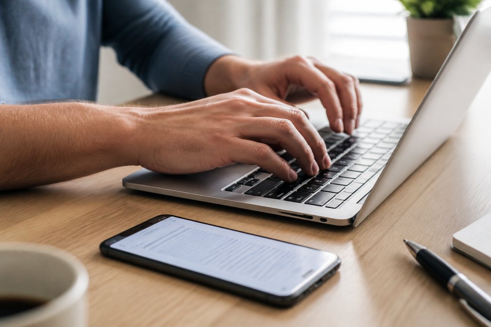 Nahaufnahme von Händen, die auf einer Laptop-Tastatur tippen, daneben ein Smartphone mit einer E-Mail-Bestätigung auf dem Bildschirm, auf einem aufgeräumten Schreibtisch mit natürlichem Tageslicht