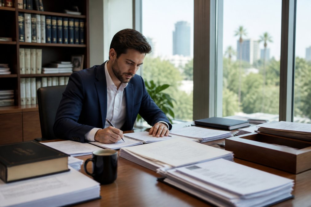 Unternehmer sitzt konzentriert am Schreibtisch mit Laptop, Dokumenten und Notizen zur US-Firmengründung, natürliche Beleuchtung durch großes Fenster, modernes Büroumfeld